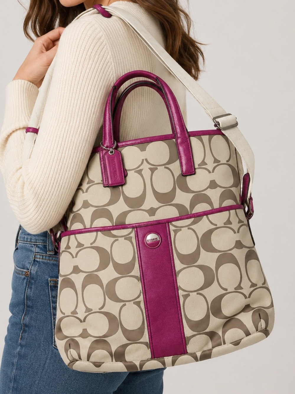 Coach F23384 Signature Canvas Tote Crossbody Bag Khaki Pink Patent Trim